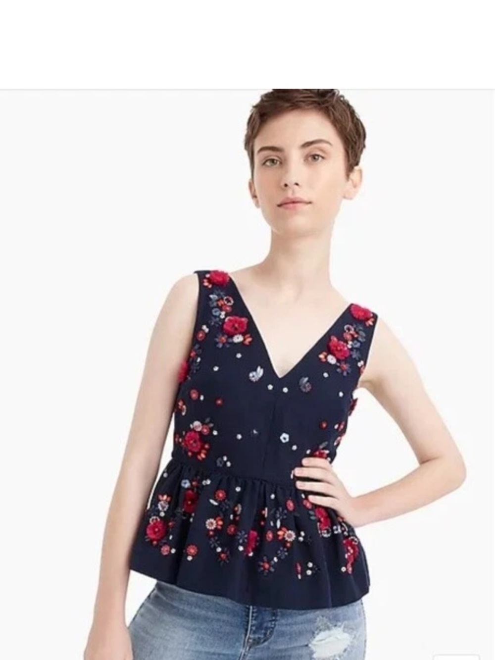 J. Crew Navy V-Neck Peplum Tank with Red & Pink Floral Embroidery - Picture 2 of 4